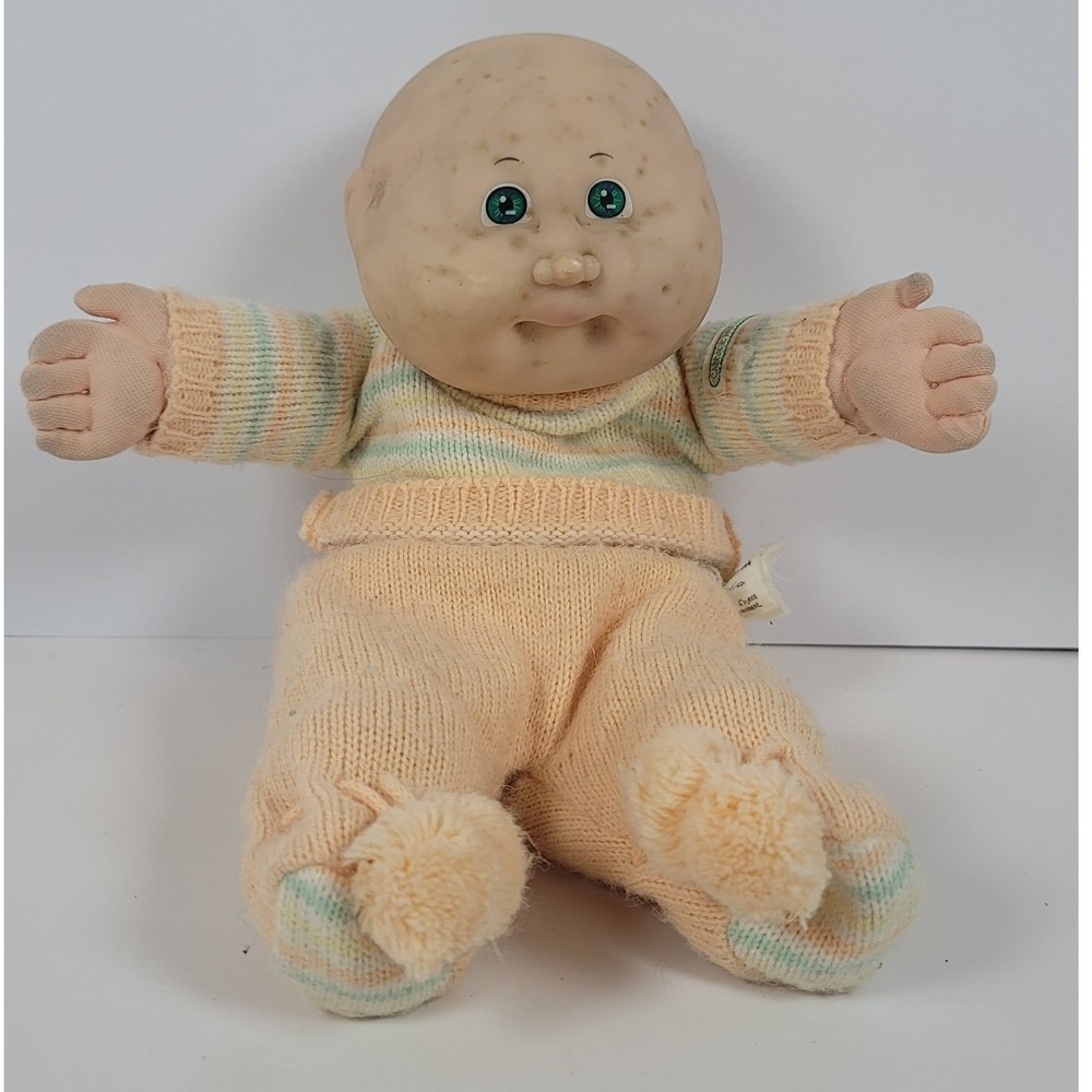 Vintage 1985 Cabbage Patch Kids Doll Coleco Green Eyes Bald Baby Peach Knit